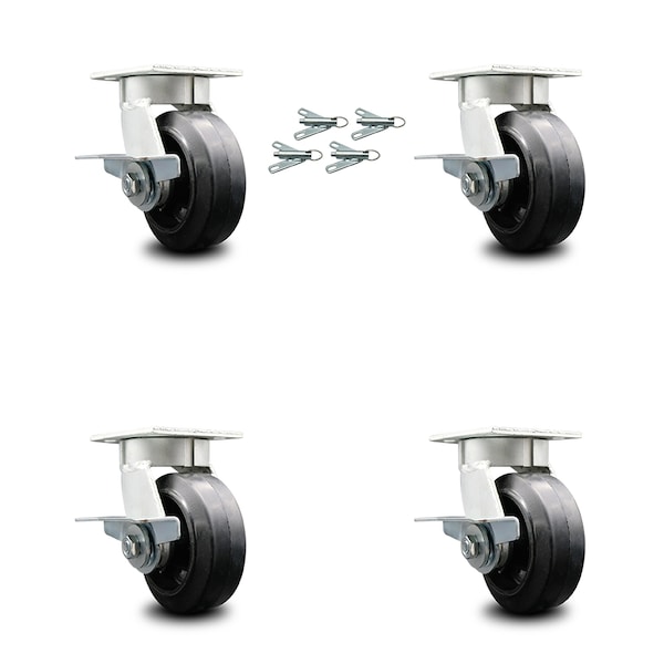 5 Inch Kingpinless Rubber on Steel Wheel Caster Set Brake and Swivel Lock SCC